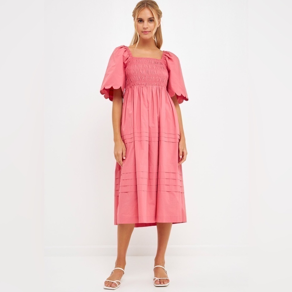 English Factory Scalloped Detail Midi Dress in Mauve Pink - Size XS